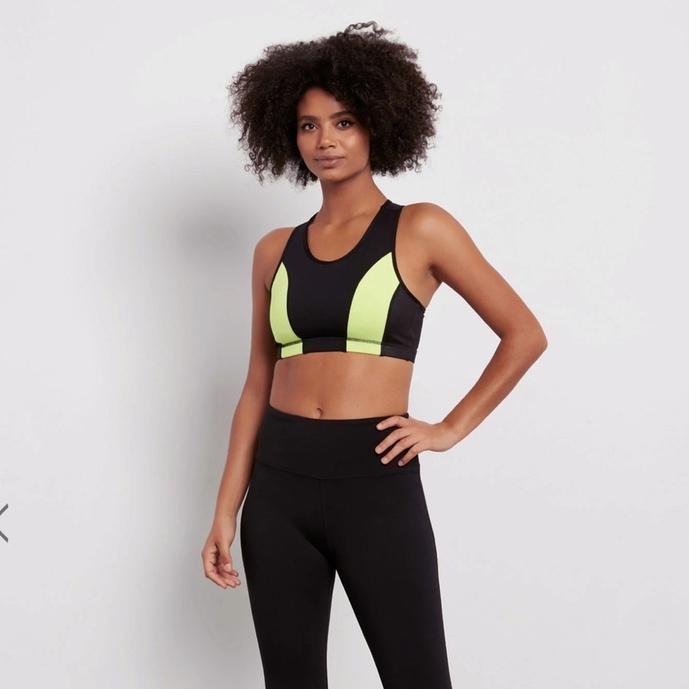 BCBG Sports Bra Neon and Black Faux Leather Details Size Small